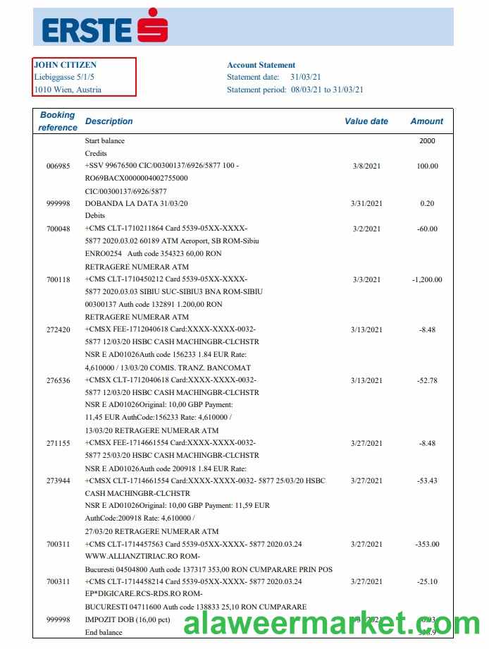 Austria Erste Group bank statement easy to fill template in Excel and PDF format